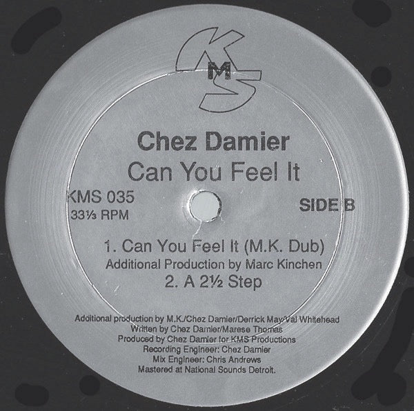 Image of Back Cover of 12" - VG/G+ - CHEZ DAMIER, Can You Feel It (KMS; KMS 035, US 1990s Reissue, Die Cut Company Sleeve), Light marks and hairlines, A side label off-center. Spine damage to sleeve., - 3916519C