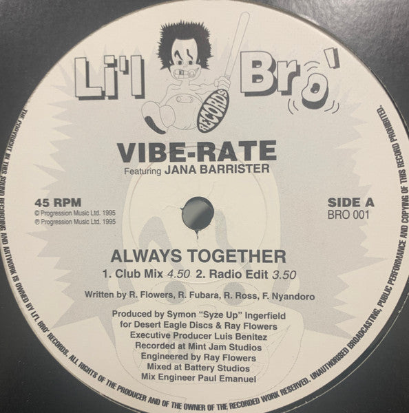 Image of Front Cover of 12" - /VG+ - VIBE-RATE FEATURING JANA BARRISTER, Always Together (Li'l Bro'; BRO 001, UK 1995), , - 3946419S