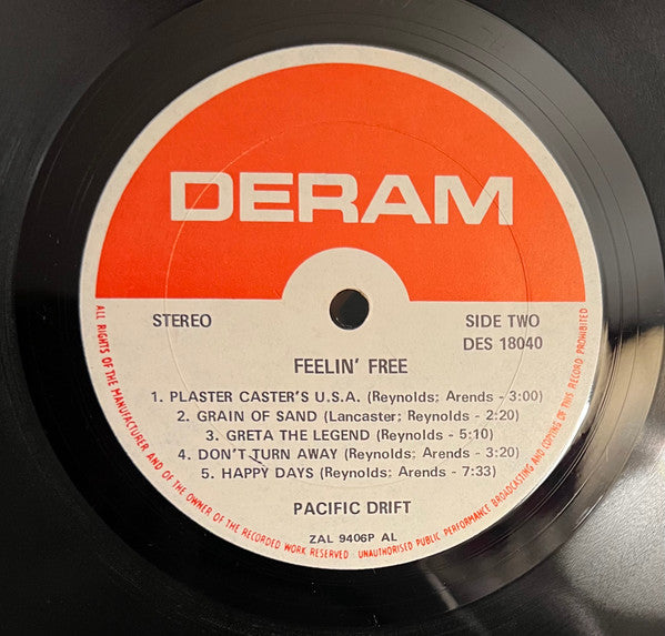 Image of Label Cover of LP - VG+/VG+ - PACIFIC DRIFT, Feelin' Free (Deram Orange/White; DES 18040, US 1970, Pasteback Sleeve, Company Inner), Mild edgewear., - 4026008E