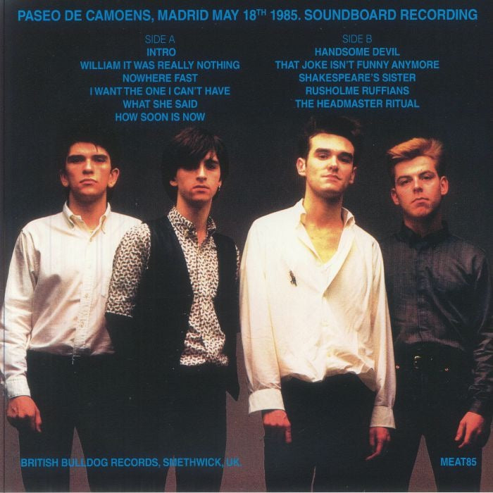 Image of Back Cover of LP - VG/VG+ - THE SMITHS, Personality Crisis (British Bulldog Records; Meat85, UK 2000s, Brown Marble vinyl, Madrid 18 May 1985 Soundboard recording), Corner crease, edge creases, - 4046026S
