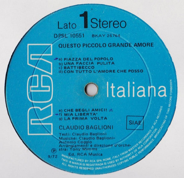Image of Label Cover of LP - VG/VG - CLAUDIO BAGLIONI, Questo Piccolo Grande Amore (RCA ; DPSL 10551, Italy 1972, Fold Out Sleeve With Coloured Lines On Rear), Piece Missing From Bottom Of Spine, Edge Wear, - 3926438E