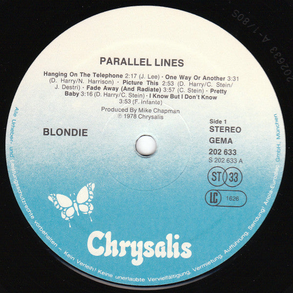 Image of Label Cover of LP - VG/VG+ - BLONDIE, Parallel Lines (Chrysalis; 202 633, Germany 1980 Reissue), , - 4016131C