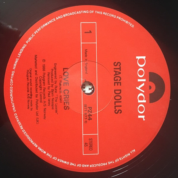 Image of Label Cover of 12" - VG+/VG - STAGE DOLLS, Love Cries (Polydor; PZ44 (871 677-1), UK 1989, Picture Sleeve), Strong VG, - 3926427E
