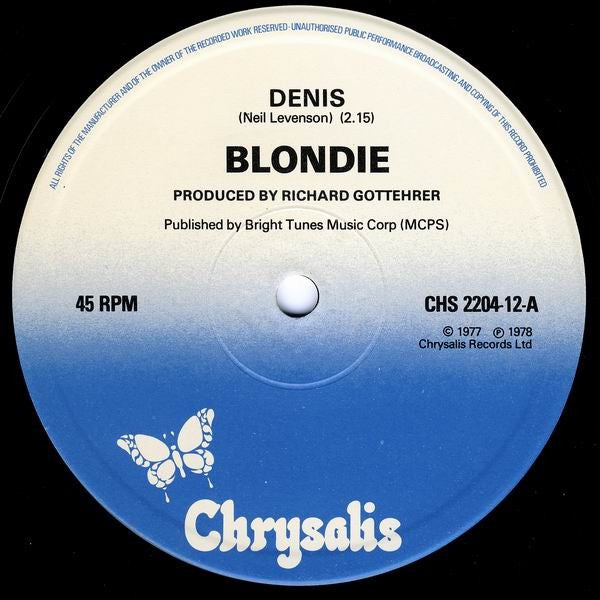 Image of Label Cover of 12" - VG/G+ - BLONDIE, Denis (Chrysalis; CHS 12 2204, UK 1970s Reissue, Blue Print Picture Sleeve), Fine, wispy hairline marks, Sleeve intact but has , - 4016262C