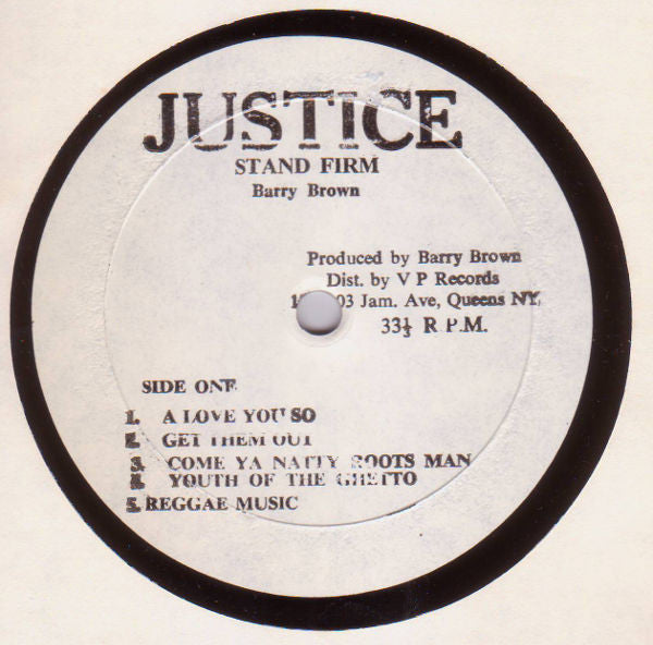 Image of Label Cover of LP - VG/VG - BARRY BROWN, Stand Firm (Justice; , Jamaica 1982), WOL. SWOC., - 4026161E