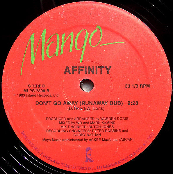 Image of Back Cover of 12" - VG/VG - AFFINITY, Don't Go Away (Mango; MLPS 7808, US 1983, Company Sleeve), Light marks only. WOL, - 4046160S