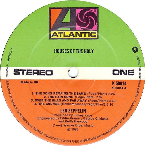 Image of Label Cover of LP - VG+/VG+ - LED ZEPPELIN, Houses of the Holy (Atlantic Orange & Green - NO W Logo On Label Rim; K50014, UK 1973, Gatefold, NO Inner, RL STERLING Matrix), , - 4026188E