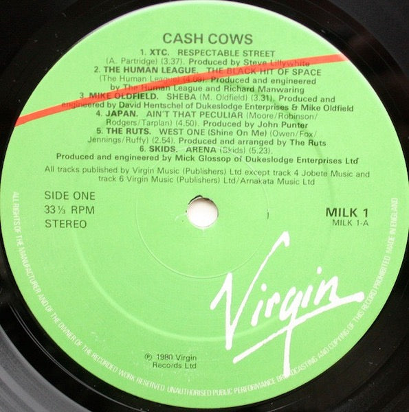 Image of Label Cover of LP - VG/VG+ - VARIOUS, Cash Cows (Virgin Green/Red Labels; MILK 1, UK 1980, Hype Stickered Sleeve), Clean & glossy, Very minor sleeve wear in terms of a couple of faded spots only. , - 4016378C