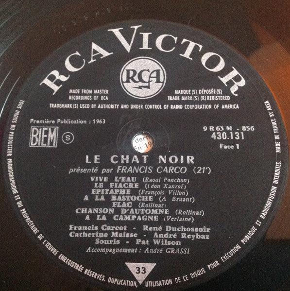 Image of Label Cover of LP - VG/VG - CARCO, SOURIS, Francis Carco Evoque Le Chat Noir Et Bruant (RCA Victor; 430.131, France 1963, Laminated Flipback Sleeve), Hairlines and paper scuffs. Corner and ring wear, laminate creasing. , - 4026355E
