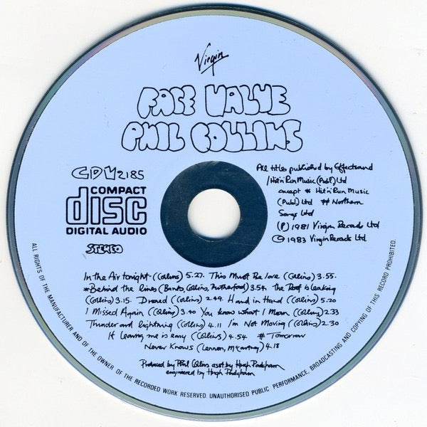 Image of Label Cover of CD - VG/VG - PHIL COLLINS, Face Value (Virgin; CDV 2185, UK 1983 Reissue, Jewel Case), , - 4036048E