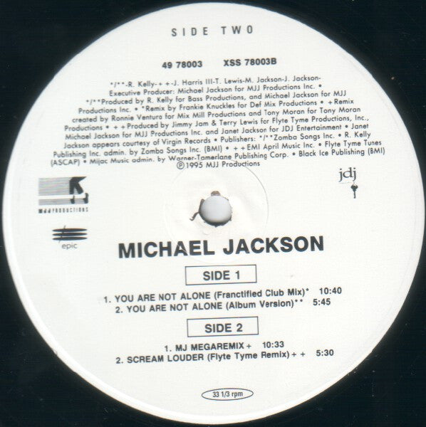Image of Label Cover of 12" - VG+/VG+ - MICHAEL JACKSON, You Are Not Alone (The Remixes) (Epic Dance; 49 78003, US 1995, Picture Sleeve), Hype stickered shrink-wrap, with import sticker on rear., - 4016502C