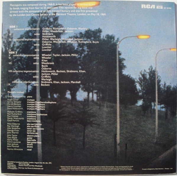 Image of Back Cover of LP - VG+/VG+ - MIKE WESTBROOK ORCHESTRA, Metropolis (RCA Victor ; SF 8396, UK 1970s Reissue), Nice clean copy! Record looks unplayed., - 4016544C