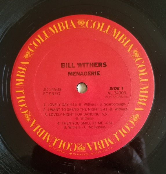 Image of Label Cover of LP - VG/VG - BILL WITHERS, Menagerie (Columbia; JC 34903, US 1977), Cut-out (Corner cut). Strong VG throughout., - 4016586C