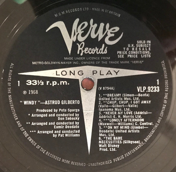 Image of Label Cover of LP - VG/VG - ASTRUD GILBERTO, Windy (Verve Records; VLP 9233, UK 1968, Flipback Sleeve, Mono), Light marks only. Small sticker mark to top R corner, - 4126045E
