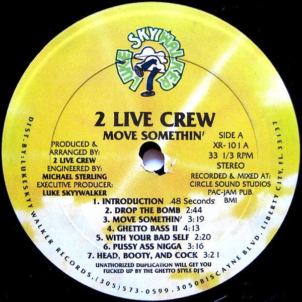 Image of Label Cover of LP - G/G - TWO LIVE CREW, Move Somthin' (Luke Skyywalker Records; XR-101, US 1988), Many marks on the record. WOL. Heavy edgewear and stickers on front cover with BPMs., - 4126014E