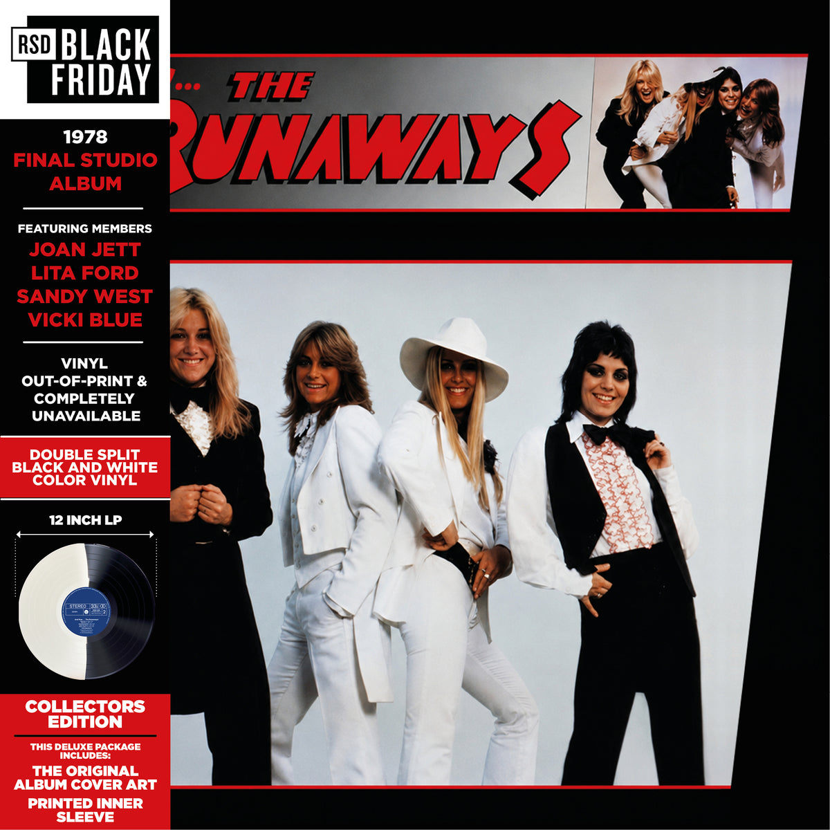 Image of Front Cover of LP - NEW/NEW - THE RUNAWAYS, And Now... The Runaways (L.M.L.R.; 3700477840204, UK 2026, Split Black & White Vinyl), , 1978 - The Runaways’ final studio album before disbanding. Features members Joan Jett, Lita Ford, Sandy West and Vicki Blue. This deluxe vinyl package includes OBI side spine, the original album cover art, printed inner sleeve and double-split black & white colour vinyl. - 9417801C