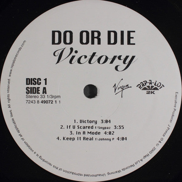 Image of Label Cover of LP - VG/VG - DO OR DIE, Victory (Rap-A-Lot 2K; 7243 8 49072 1 1, US 2000), A few light hairlines. Sleeve still in opened shrinkwrap but with edgewear, fluffed corners. , - 4126016E
