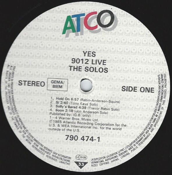 Image of Label Cover of LP - VG/VG+ - YES, 9012Live The Solos (ATCO Records; 790 474-1, Europe 1985), , - 4116060C