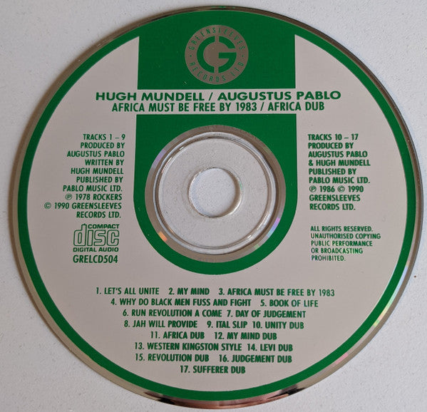 Image of Label Cover of CD - VG+/VG+ - HUGH MUNDELL / AUGUSTUS PABLO, Africa Must Be Free By 1983 / Africa Dub (Greensleeves Records; GRELCD 504, UK 1990, Jewel Case), , - 4136058E