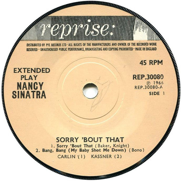 Image of Label Cover of 7" EP - VG+/VG+ - NANCY SINATRA, Sorry 'Bout That (Pye Records ; REP 30080, UK 1966, Laminated Flipback Sleeve), Writing On Rear Sleeve, - 4126091E
