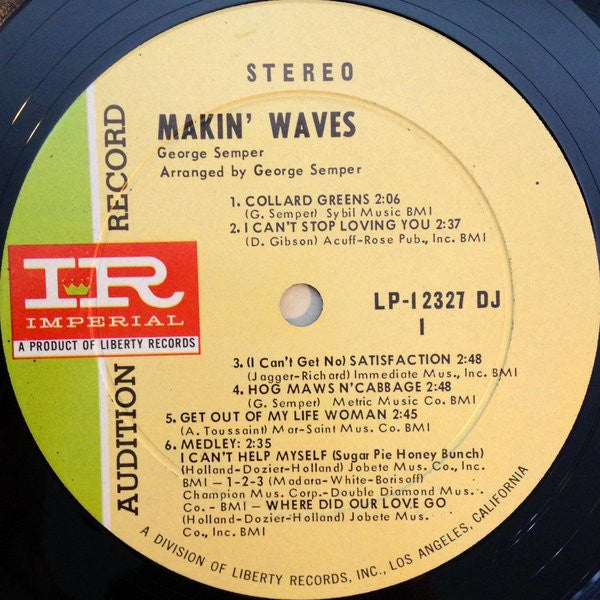 Image of Label Cover of LP - VG/VG - GEORGE SEMPER, Makin' Waves (Imperial; LP-12327 DJ, US 1966, Promo), Light hairlines. Edgewear. Ringwear. 'Audition Record' stamp on rear. , - 4126139E