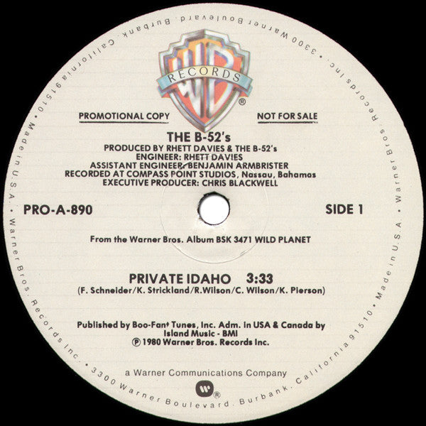 Image of Label Cover of 12" - VG/VG+ - THE B-52'S, Private Idaho (Warner Bros. Records; PRO-A-890, US 1980, Promo, Stickered Company Sleeve), Light edge wear. A few very light hairlines on disc., - 4146071S