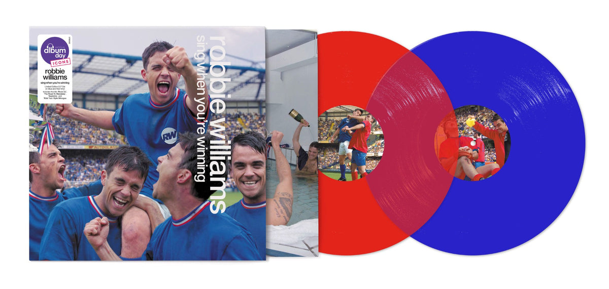 Image of Front Cover of 2xLP - NEW/NEW - ROBBIE WILLIAMS, Sing When You're Winning (UMR; 5780566, UK 2026, Inner, Limited Edition Red & Blue Vinyl), , National Album Day 2026 reissue of Robbie Williams' 2000 album Sing When You're Winning, featuring 'Rock DJ', 'Kids' and 'Supreme'. This limited 2LP edition marks its first vinyl reissue and first release on coloured vinyl. As with the original version, the 2LPs will play at 45 RPM. - 9418140C