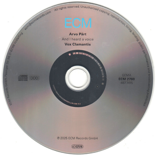 Image of Label Cover of CD - EX/EX - ARVO P RT, VOX CLAMANTIS, And I Heard A Voice (ECM Records; ECM 2780, Germany 2025, Slipcase), , - 4136152E