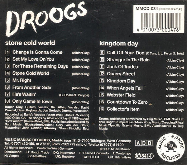 Image of Back Cover of CD - VG+/EX - DROOGS, Stone Cold World - Kingdom Day (Music Maniac Records; MMCD 034, Germany 1992), , - 4156038S