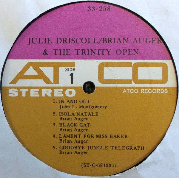 Image of Label Cover of LP - VG/G+ - JULIE DRISCOLL / BRIAN AUGER & THE TRINITY, Open (ATCO Records; SD 33-258, US 1968, Pasteback Gatefold), Hairlines all over disc, a couple feelable marks, scuffs. Edge wear., - 4146193S