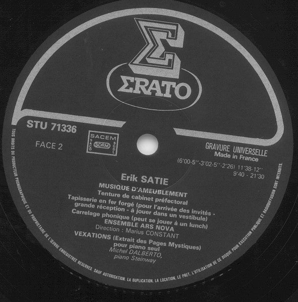 Image of Label Cover of LP - VG+/VG+ - MARIUS CONSTANT, ENSEMBLE ARS NOVA, Satie: Entracte � Musique D'Ameublement � Sonnerie Pour R�veiller Le Roi Des Singes � Vexations (Erato; STU 71336, France 1981, Gatefold), , - 4126289E