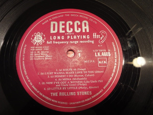 Image of Label Cover of LP - G/G+ - THE ROLLING STONES, The Rolling Stones (Decca Red Unboxed, Variant Z "Made In England - The Decca Record Co Ltd" On Top & NCB on right hand side, No "BIEM"; LK 4605, UK 1964, Laminated Flipback Sleeve With Mona Prnted As Track A4, Variant A1, Mono), Lots of hairline marks but all light, Plays pretty well, Sleeve intact but has laminate creasing, Splits to top and spine and yellowed rear. , - 4116255C