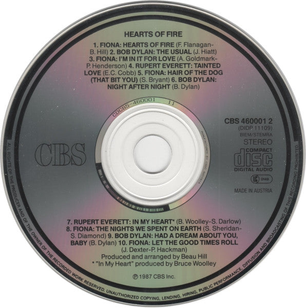 Image of Label Cover of CD - VG+/VG+ - FIONA, BOB DYLAN, RUPERT EVERETT, Hearts Of Fire (CBS; CBS 460001 2, Europe 1987), , - 4136203E