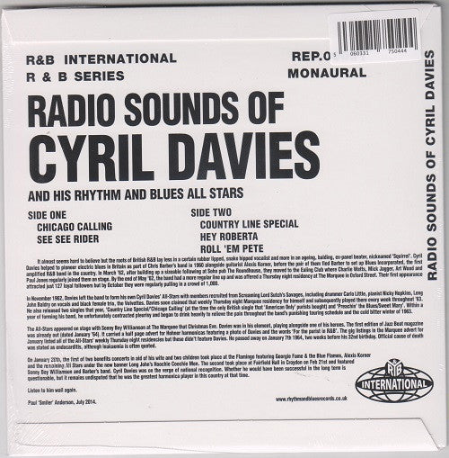Image of Back Cover of 7" EP - EX/M - CYRIL DAVIES AND HIS RHYTHM & BLUES ALL STARS, The Radio Sounds Of Cyril Davies (Rhythm & Blues Records ; REP 0001, UK 2014, Flipback Sleeve, Mono), SEALED, Slight Sleeve Crease, - 4126082E