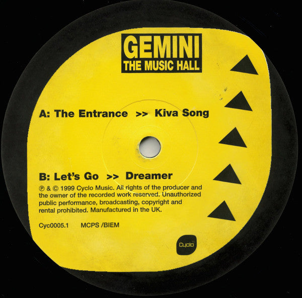 Image of Label Cover of 2x12" - VG/VG - GEMINI, The Music Hall (Cyclo; CYC 0005.1, UK 1999), Sleeve in opened shrinkwarp, lose to VG+. Vinyl has light marks only., - 4146234S