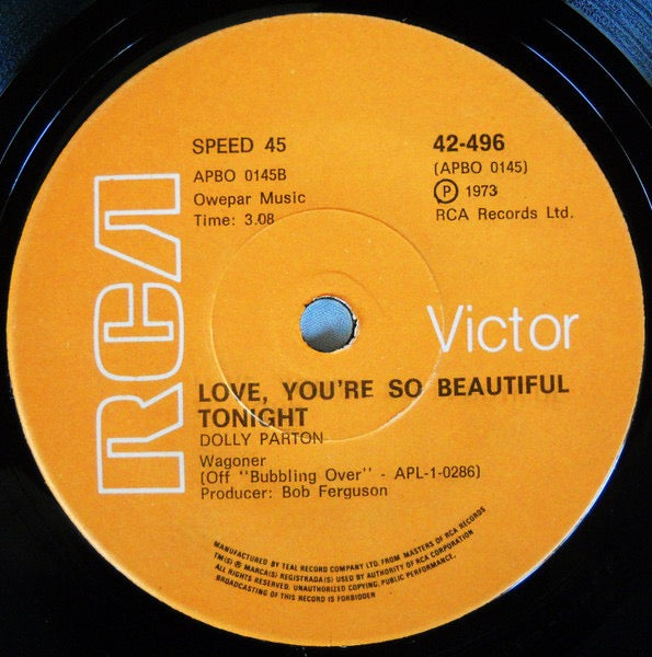 Image of Back Cover of 7" - /VG - DOLLY PARTON, Jolene / Love, You're So Beautiful Tonight (RCA Victor ; 42-496, South Africa 1973), , - 4126508E