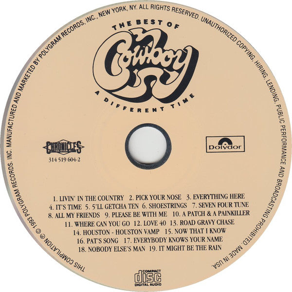 Image of Label Cover of CD - VG+/VG - COWBOY, The Best Of Cowboy - A Different Time (Polydor; 314 519 604-2, US 1993), Light marks only, - 4156140S