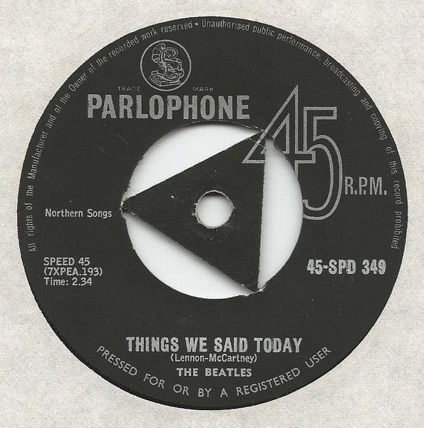 Image of Back Cover of 7" - G+/G - THE BEATLES, Rock And Roll Music / Things We Said Today (Parlophone Tri-Centre; 45-SPD 349, Rhodesia 1964, MISSING CENTRE), MISSING CENTRE, Sleeve Faded Heavily, - 4126503E