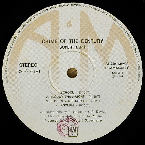 Image of Label Cover of LP - VG/VG - SUPERTRAMP, Crime Of The Century (A&M Records; SLAM 68258, Italy 1975, Inner), , - 4246124S
