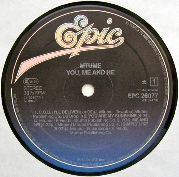 Image of Label Cover of LP - VG/VG - MTUME, You, Me And He (Epic; EPC 26077, Europe 1984, Inner), Strong VG, - 4246145S