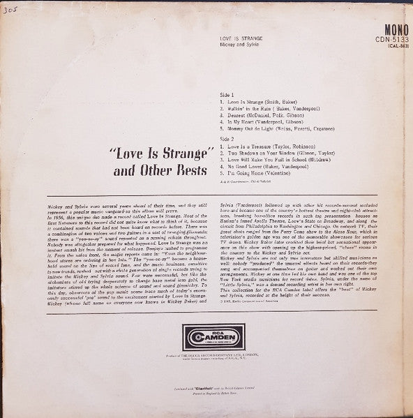 Image of Back Cover of LP - G+/VG - MICKEY & SYLVIA, Love Is Strange (RCA Camden; CDN-5133, UK 1965), Light marks. Creasing on sleeve. Writing on back of sleeve. Ringwear., - 4246166S