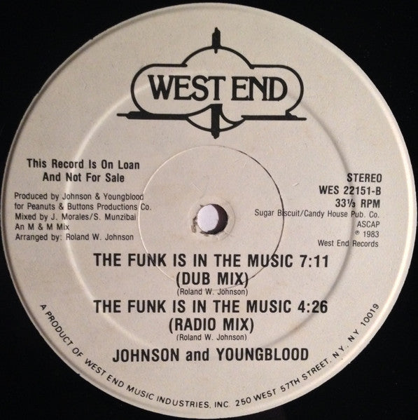Image of Back Cover of 12" - EX/VG - JOHNSON AND YOUNGBLOOD, The Funk Is In The Music (West End Records; WES 22151, US 1983, Promo), Light blemish on side 2. Plays well. Sleeve still in shrinkwrap (opened)., - 4246168S