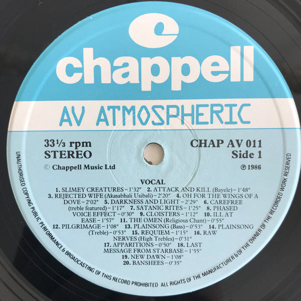 Image of Label Cover of LP - VG/VG+ - VARIOUS, Atmospheric-Vocal (Chappell; CHAP AV 011, UK 1986), , - 4246163S