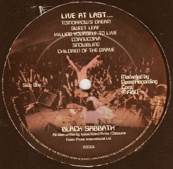 Image of Label Cover of LP - VG/VG+ - BLACK SABBATH, Live At Last (Nems Photo Label; BS 001, UK 1980, TONE matrix), Misprint: Side 2 label on both sides, edge wear, corner crease, - 4246197S