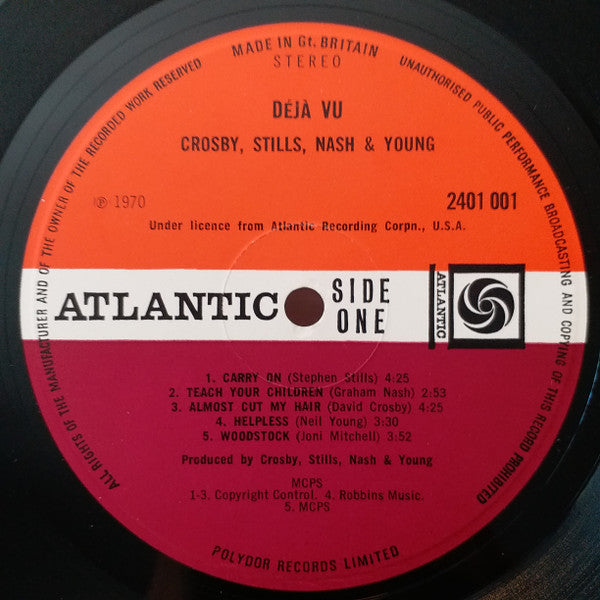 Image of Label Cover of LP - G+/G+ - CROSBY, STILLS, NASH & YOUNG, Deja Vu (Atlantic; 2401 001, UK 1970, Faux-Leather Gatefold, Matrix Variant "001*" on Side 1), Edge and ring wear. Hairlines on both sides of disc., - 4246112S