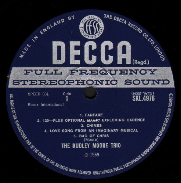 Image of Label Cover of LP - VG/VG+ - THE DUDLEY MOORE TRIO, The Dudley Moore Trio (Decca Blue Unboxed; SKL 4976, UK 1969, Laminated Front Sleeve With Indicator Hole, Company Inner, Stereo), Some light marks to back cover and small piece of tape to top corner, disc has one or two light hairlines, - 3026048E