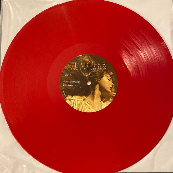 Image of Label Cover of 3xLP - VG/VG - TAYLOR SWIFT, Fearless (Taylor's Version) (Republic Records; B0033582-01, US 2021, Triple Gatefold, Opaque Red ), Side D has lots of light marks. Sleeve has a small stain & is slightly worn., - 4216313C