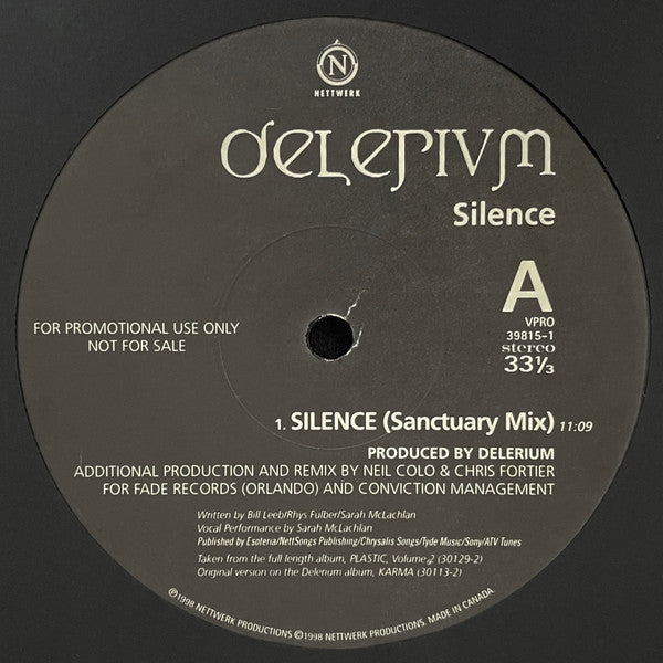 Image of Label Cover of 12" - /G+ - DELERIUM, Silence (Nettwerk Productions; VPRO 39815-1, Canada 1998), , - 4246319S