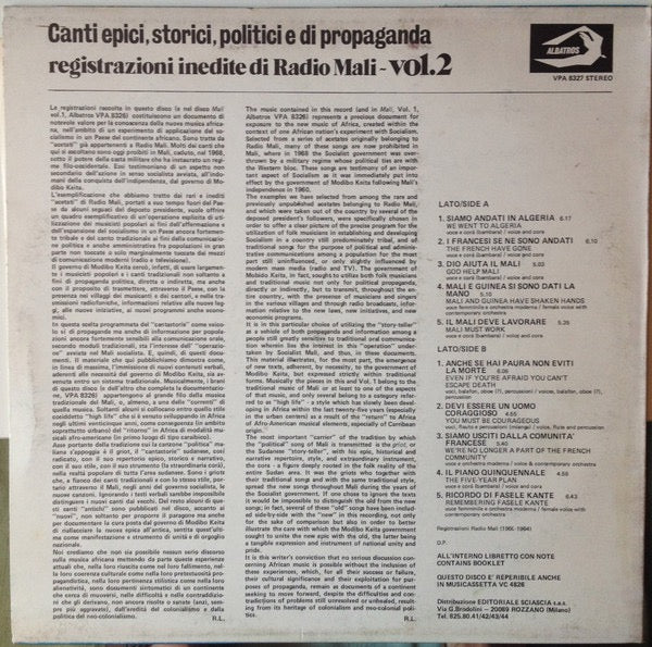 Image of Back Cover of LP - VG+/EX - VARIOUS, Mali - Canti Epici, Storici, Politici E di Propaganda Del Governo di Modibo Keita / Epic, Historical, Political And Propaganda Songs Of The Socialist Government Of Modibo Keita (1960-1968). Vol. 2 (Albatros; VPA 8327, Italy 1977), Still In Opened Shrinkwrap. Disc looks unplayed., - 4216414C