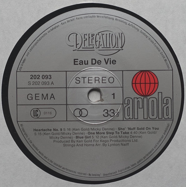Image of Label Cover of LP - VG/VG+ - DELEGATION, Eau De Vie (Ariola; 202 093, Germany 1987), Lightest of marks. Light ringwear & creasing on sleeve., - 4226266E